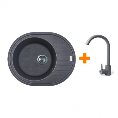 Набір кухонний Adamant Ovum, штучний камінь, овальна, з крилом, 615х495х200мм, чаша - 1, врізна, сірий + змішувач