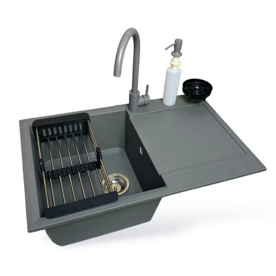 Набір кухонний Adamant Horizon, штучний камінь, прямокут., з крилом, 780х495х230мм, чаша - 1, врізна, сірий + змішувач та дозатор