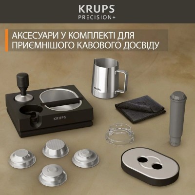 Кавоварка Krups ріжкова Precision+, 3.5л, вдубована кавомолка, ручний капучинатор, 15 бар, чорний-сірий Кавоварка Krups ріжкова Precision+, 3.5л, вдубована кавомолка, ручний капучинатор, 15 бар, чорний-сірий
