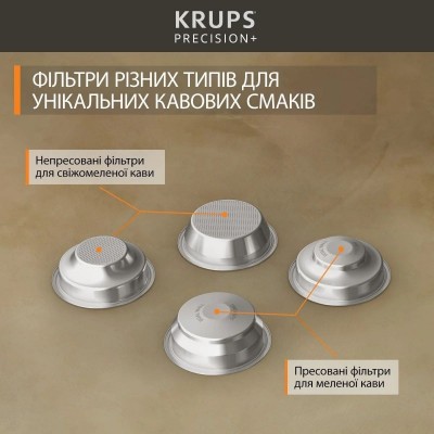 Кавоварка Krups ріжкова Precision+, 3.5л, вдубована кавомолка, ручний капучинатор, 15 бар, чорний-сірий Кавоварка Krups ріжкова Precision+, 3.5л, вдубована кавомолка, ручний капучинатор, 15 бар, чорний-сірий