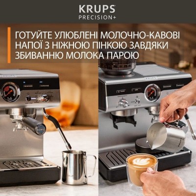 Кавоварка Krups ріжкова Precision+, 3.5л, вдубована кавомолка, ручний капучинатор, 15 бар, чорний-сірий Кавоварка Krups ріжкова Precision+, 3.5л, вдубована кавомолка, ручний капучинатор, 15 бар, чорний-сірий