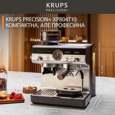 Кавоварка Krups ріжкова Precision+, 3.5л, вдубована кавомолка, ручний капучинатор, 15 бар, чорний-сірий Кавоварка Krups ріжкова Precision+, 3.5л, вдубована кавомолка, ручний капучинатор, 15 бар, чорний-сірий