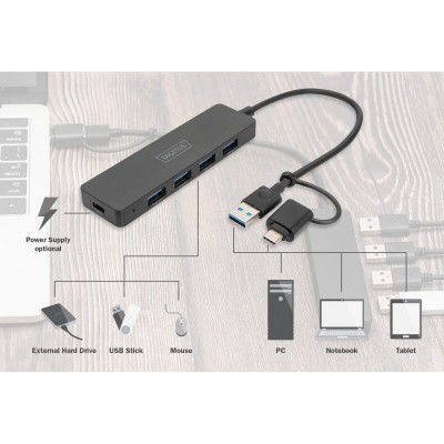 Хаб DIGITUS USB-A/C > 4хUSB-А, 0,2 м, активний (опція)