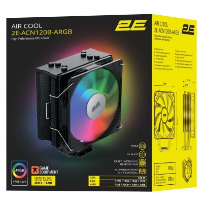 Процесорний кулер 2E GAMING Air Cool ACN120B-ARGB, LGA1700, 1200, 115x, 1366, AM5, AM4, AM3, AM3+, 4pin PWM, 3pin +5VARGB, TDP 180W