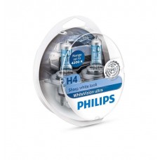 Лампа галогена Philips H4 WhiteVision Ultra +60%, 4200K, 2шт/блистер Лампа галогена Philips H4 WhiteVision Ultra +60%, 4200K, 2шт/блистер