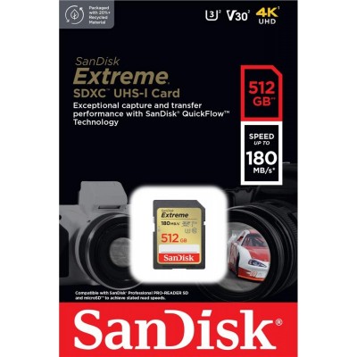 Карта пам'яті SanDisk SD 512GB C10 UHS-I U3 R180/W130MB/s Extreme V30