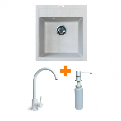 Набір кухонна Adamant Brick, штучний камінь, квадрат, без крила, 460x515x200мм, чаша - 1, врізна, Old stone + змішувач та дозатор