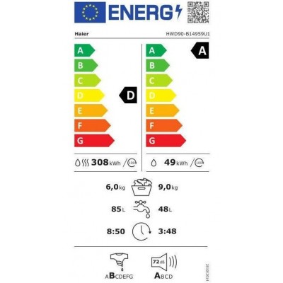 Прально-сушильна машина Haier фронтальна, 9(6)кг, 1400, A, 60см, дисплей, пара, інвертор, люк чорний, прямий привід, білий