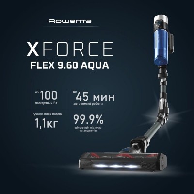 Пилосос Rowenta безпровідний X-Force 9.6 Aqua Alnimal, 250Вт, вологе прибирання, конт пил -0.4л, автон. робота до 45хв, чорно-синій