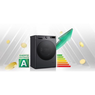 Пральна машина LG фронтальна, 9кг, 1200, A, 48см, дисплей, пара, інвертор, чорний