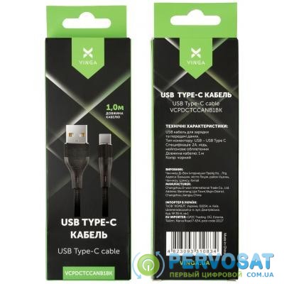 Дата кабель USB 2.0 AM to Type-C 1.0m cylindric nylon back Vinga (VCPDCTCCANB1BK)