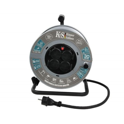 Подовжувач мережевий Konner&Sohnen KS CRM-30M, 30м, 4xТипF, 16A, на котушці, чорний