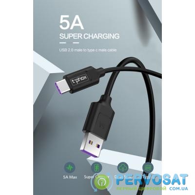 Дата кабель USB 2.0 AM to Type-C 1.0m Flash T-C824 5A SuperCharge Black T-PHOX (T-C824 Black)