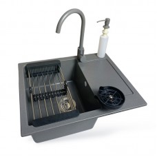Набір кухонний Adamant Minimal, штучний камінь, прямокут., з крилом, 615х495х200мм, чаша - 1, врізна, сірий + змішувач + дозатор + ополіскувач склянок + коландер