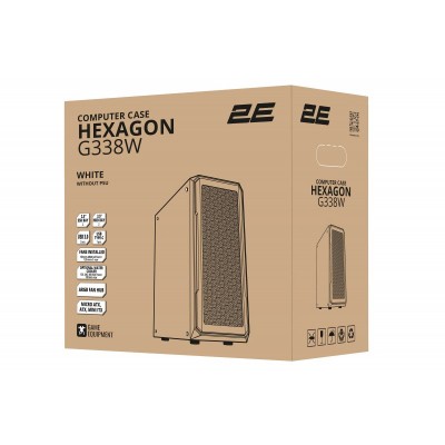 Корпус 2E Gaming Hexagon G338W, без БЖ, 2xUSB 3.0, 1xUSB Type-C, 1x120mm, 3x120mm ARGB, TG Side Panel, ATX, білий