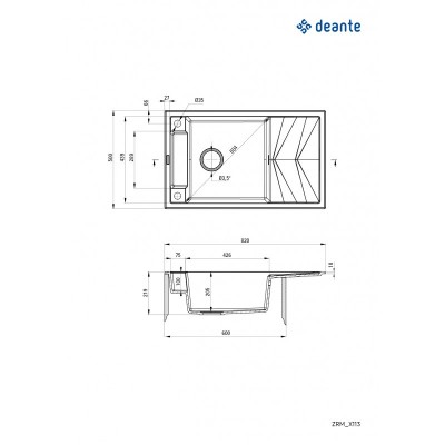 Мийка кухонна Deante Magnetic, граніт, прямокут., з крилом, 820х500х219мм, чаша - 1, накладна, сірий