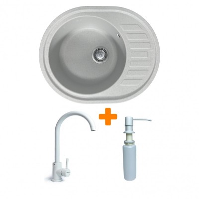 Набір кухонний Adamant Ovum, штучний камінь, овальна, з крилом, 615х495х200мм, чаша - 1, врізна, Old stone + змішувач та дозатор