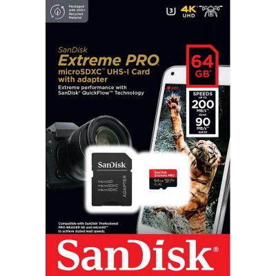 Карта пам'яті SanDisk microSD 64GB C10 UHS-I U3 R200/W90MB/s Extreme Pro V30 + SD