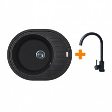 Набір кухонний Adamant Ovum, штучний камінь, овальна, з крилом, 615х495х200мм, чаша - 1, врізна, чорний + змішувач