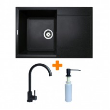 Набір кухонний Adamant Horizon, штучний камінь, прямокут., з крилом, 780х495х230мм, чаша - 1, врізна, чорний + змішувач та дозатор
