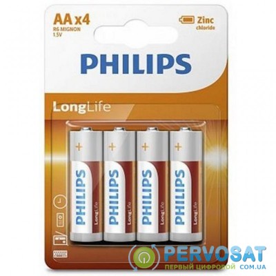 Батарейка PHILIPS AA R6 LongLife Zinc Carbon * 4 (R6L4B/10)