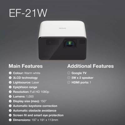 Проєктор Epson EF-21W FHD, 1000 lm, LASER, 1, Google TV, Diamond White