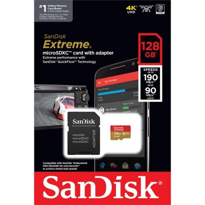 Карта пам'яті SanDisk microSD 128GB C10 UHS-I U3 R190/W90MB/s Extreme V30 + SD