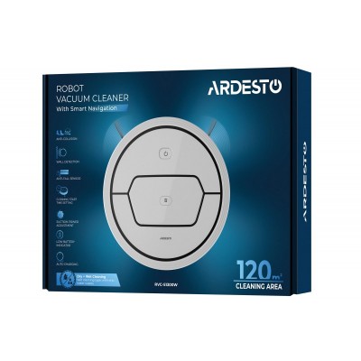 Робот-пилосос Ardesto контейнерний SAM Series, 25Вт, h=8.2х32.5см, вологе прибирання, конт пил -0.4л, вода -0.11л, автон. робота до 90хв, вага-3.5кг, HEPA, електронна стіна, білий