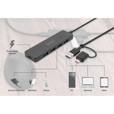 Хаб DIGITUS USB-A/C > 4хUSB-А, 1,2 м, активний (опція)