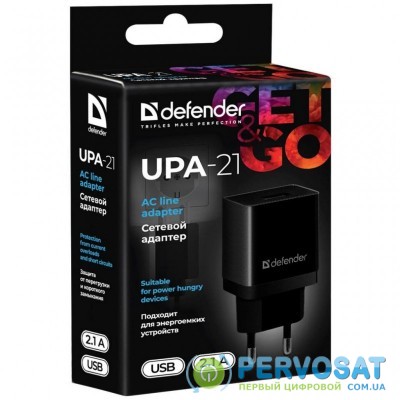 Зарядное устройство Defender UPA-21 black, 1xUSB, 5V / 2.1A (83577)