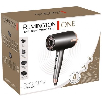 Фен Remington ONE, 2000Вт, 8 режимів, дифузор,чохол,іоніз-я, хол. обдув, термо-сенсор, сірий