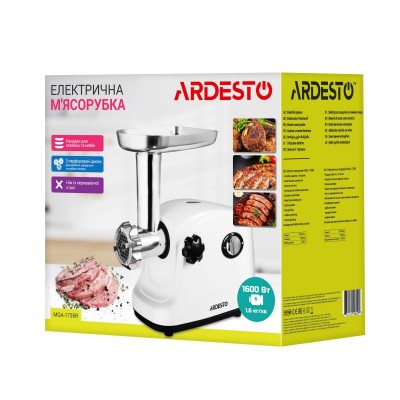 М'ясорубка Ardesto, 1600Вт, 1.6кг/хв, 3 решітки, насадка для ковбас, кеббе, пластик, білий