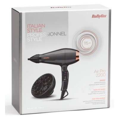 Фен Babyliss Air Pro, 2200Вт, 2 режими, дифузор, іоніз-я, хол. обдув, чорний