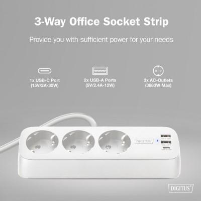 Блок розеток DIGITUS Office, 3xSchuko, 2xUSB-A, 1xUSB-C, 16A, 1.5м, вилка Schuko, білий Блок розеток DIGITUS Office, 3xSchuko, 2xUSB-A, 1xUSB-C, 16A, 1.5м, вилка Schuko, білий