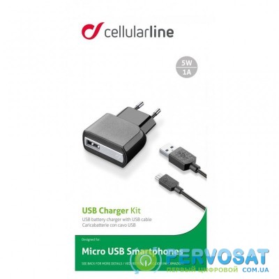 Зарядное устройство 1*USB 1A + cable 1m MicroUSB CellularLine (ACHUSBKITMICROUSB2)