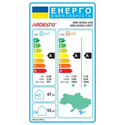 Кондиціонер Ardesto CoolSmart 70м2 інвертор 24000BTU 7.0кВт A/A -15°С Wi-Fi R32 білий