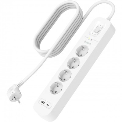 Подовжувач мережевий Belkin 2м, 4хТип, 16А, USB-A/USB-C 18Вт, фільтр, білий