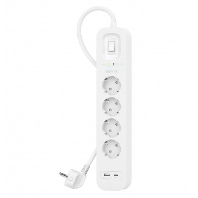 Подовжувач мережевий Belkin 2м, 4хТип, 16А, USB-A/USB-C 18Вт, фільтр, білий