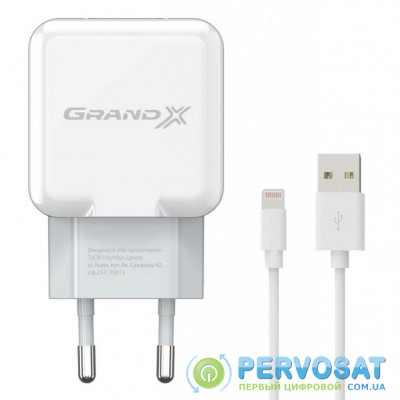 Зарядное устройство Grand-X USB 5V 2,1A White + cable USB -> Lightning, Cu (CH03LTW)