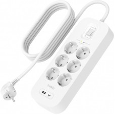 Подовжувач-фільтр мережевий Belkin 6хТип F, 3x1.5мм кв, 16А, USB-A/USB-C 18Вт, з захистом від перенапруги, 2м, білий Подовжувач-фільтр мережевий Belkin 6хТип F, 3x1.5мм кв, 16А, USB-A/USB-C 18Вт, з захистом від перенапруги, 2м, білий