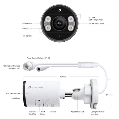 IP-Камера TP-LINK VIGI C345-2,8, PoE, 4Мп, 2,8 мм, H265+, IP66, Bullet, кольорове нічне бачення, зовнішня