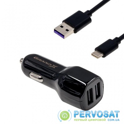 Зарядное устройство Grand-X 2,1A, 12-24V, 2USB + cable USB -> TypeC, Cu, 1m (CH-26TC)