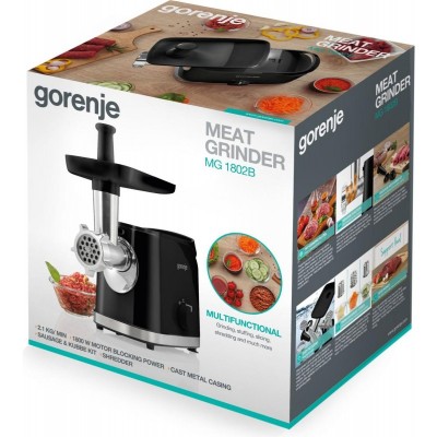 М'ясорубка Gorenje, 1800Вт, 2.1кг/хв, 2 решітки, насадка для ковбас, пластик/метал, чорний