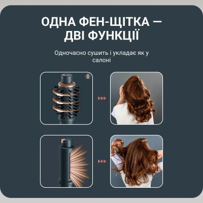 Фен-щітка Rowenta Air Rotate, 1300Вт, 4 режими, іоніз-я, хол. обдув, функція фену, 3 насадки, кераміка, чорно-золотий