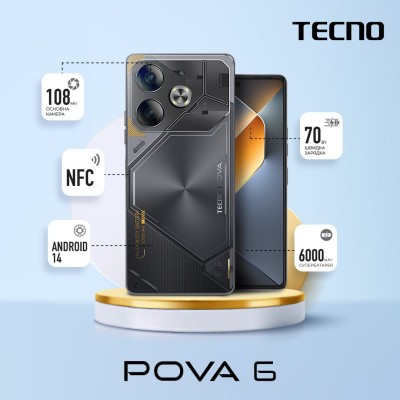 Смартфон TECNO POVA 6 (LI7) 6.78" 12/256ГБ, 2SIM, 6000мА•год, Meteorite Grey