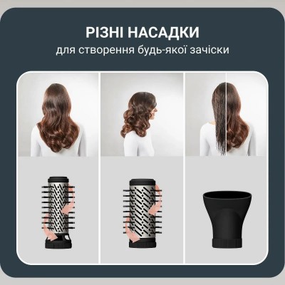 Фен-щітка Rowenta Brush Active, 1000Вт, 3 режими, іоніз-я, хол. обдув, оберт. насадка, 3 насадки, кераміка, чорний