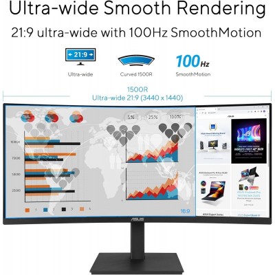 Монітор Asus 34" VA34VCPSR HDMI, DP, USB-C, 3xUSB, RJ-45, MM, VA, 3440x1440, 21:9, 100Hz, 4ms, CURVED, AdaptiveSync, HAS Монітор Asus 34" VA34VCPSR HDMI, DP, USB-C, 3xUSB, RJ-45, MM, VA, 3440x1440, 21:9, 100Hz, 4ms, CURVED, AdaptiveSync, HAS