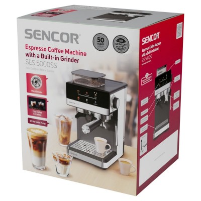 Кавоварка Sencor ріжкова 1.8л, зерно+мелена, вдубована кавомолка, дисплей, нерж. сталь-чорний Кавоварка Sencor ріжкова 1.8л, зерно+мелена, вдубована кавомолка, дисплей, нерж. сталь-чорний
