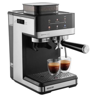 Кавоварка Sencor ріжкова 1.8л, зерно+мелена, вдубована кавомолка, дисплей, нерж. сталь-чорний Кавоварка Sencor ріжкова 1.8л, зерно+мелена, вдубована кавомолка, дисплей, нерж. сталь-чорний