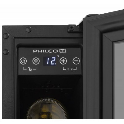 Холодильник Philco для вина, 81.3х57х52.5, холод.відд.-26л, зон - 1, бут-6, диспл, підсвітка, чорний